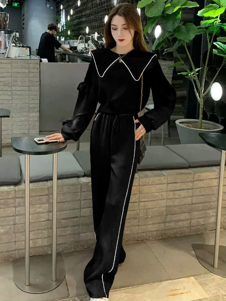 ผู้หญิงสบายๆลาย 2 ชิ้นชุดเอวสูงแฟชั่น Baggy ขากว้าง Conjuntos ตรงหลวมเกาหลี Lace Up กางเกง Ensembles