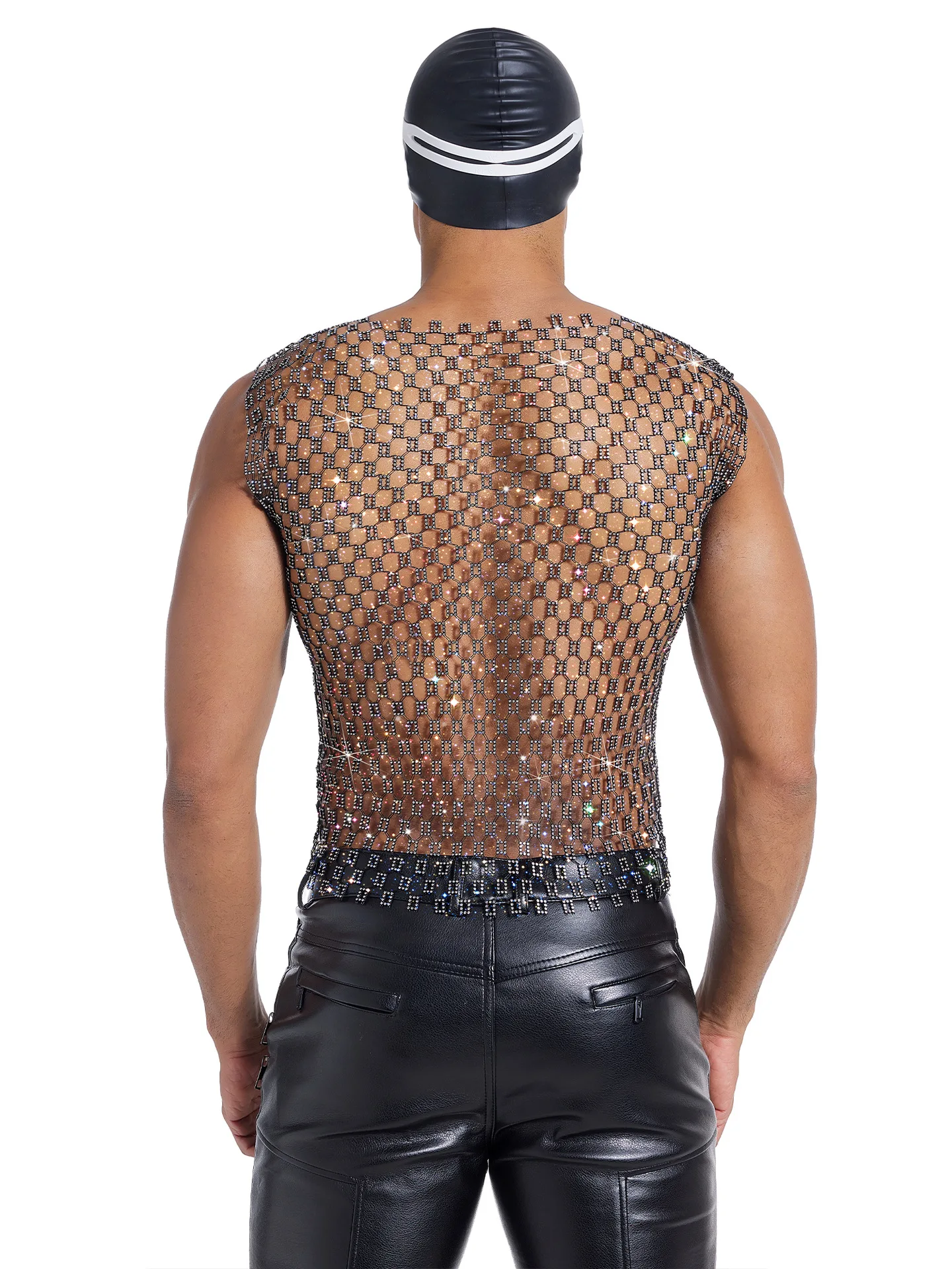 Men's Rhinestone Mesh Tank Tops European and American Party Stage Nightclub Sexy Male Perspective Sparkling Hollow Out Vest
