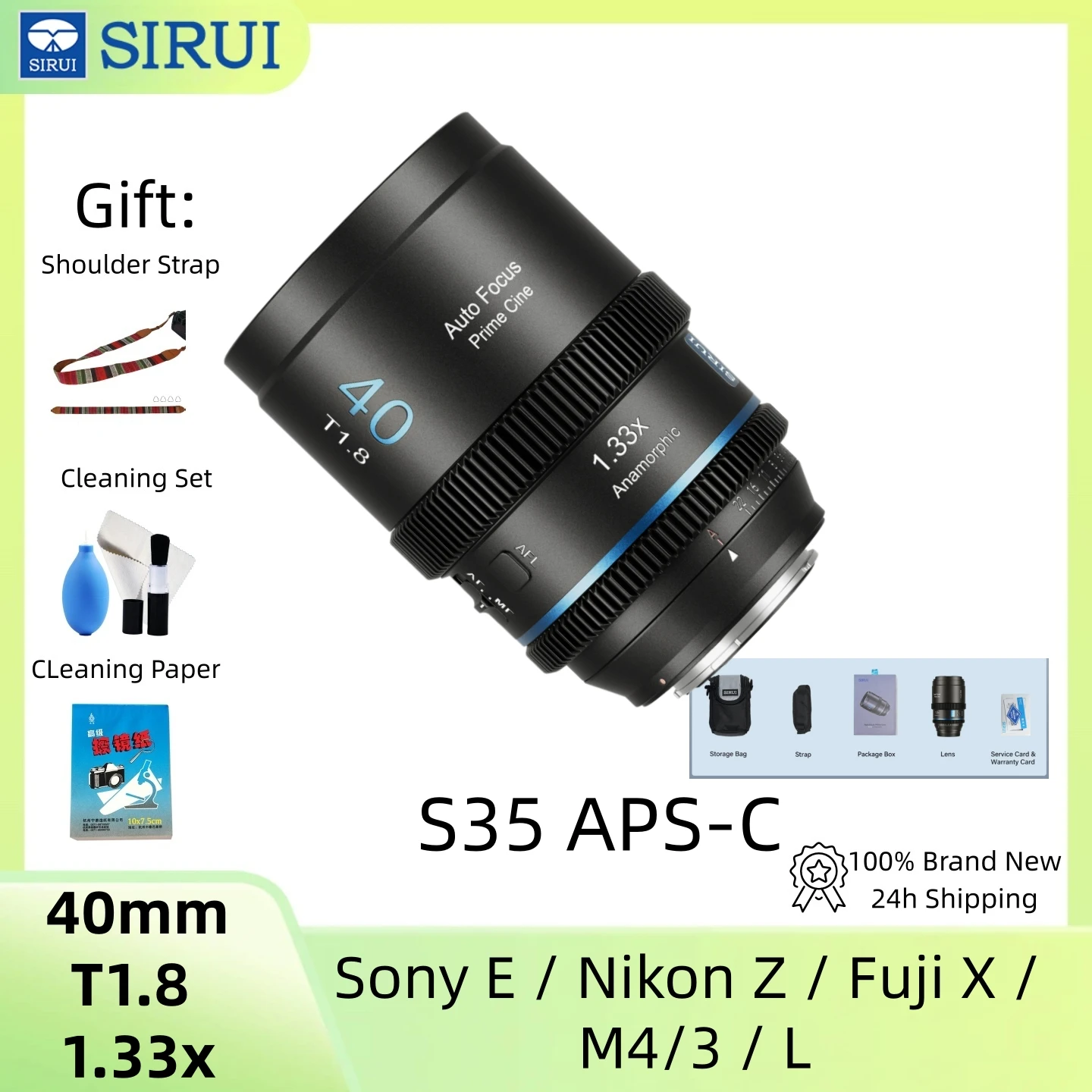 SIRUI AF 40mm T1.8 1.33x S35 APS-C Anamorphic STM Autofocus Cine Lens for Sony E/Nikon Z/Fuji X/M4/3/Leica L Mount Cameras