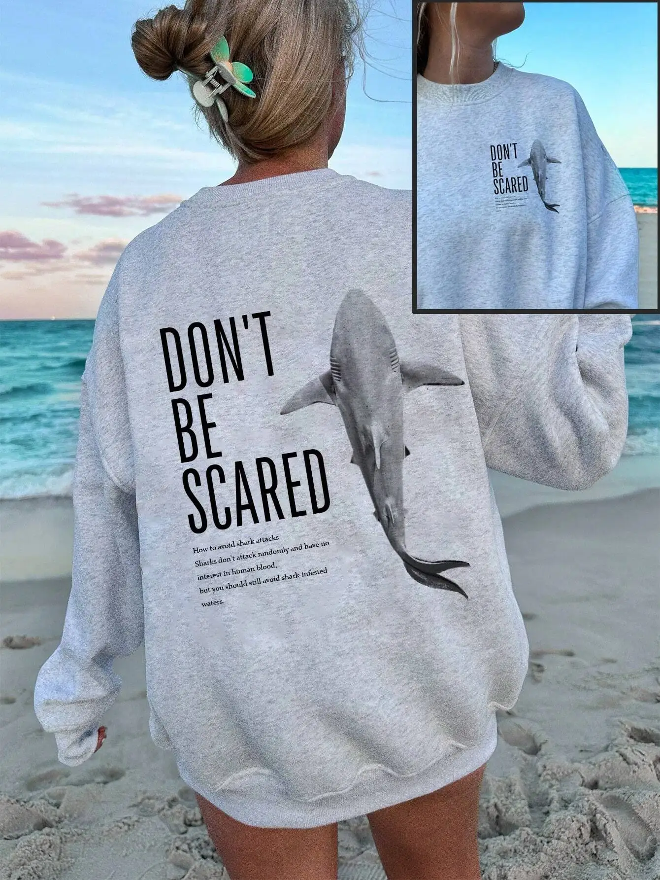 

Muchica Повседневная простая отпускная пляжная толстовка с графическим принтом акулы свободного покроя и круглым вырезом с длинными рукавами для женщин обратно в школу Fa