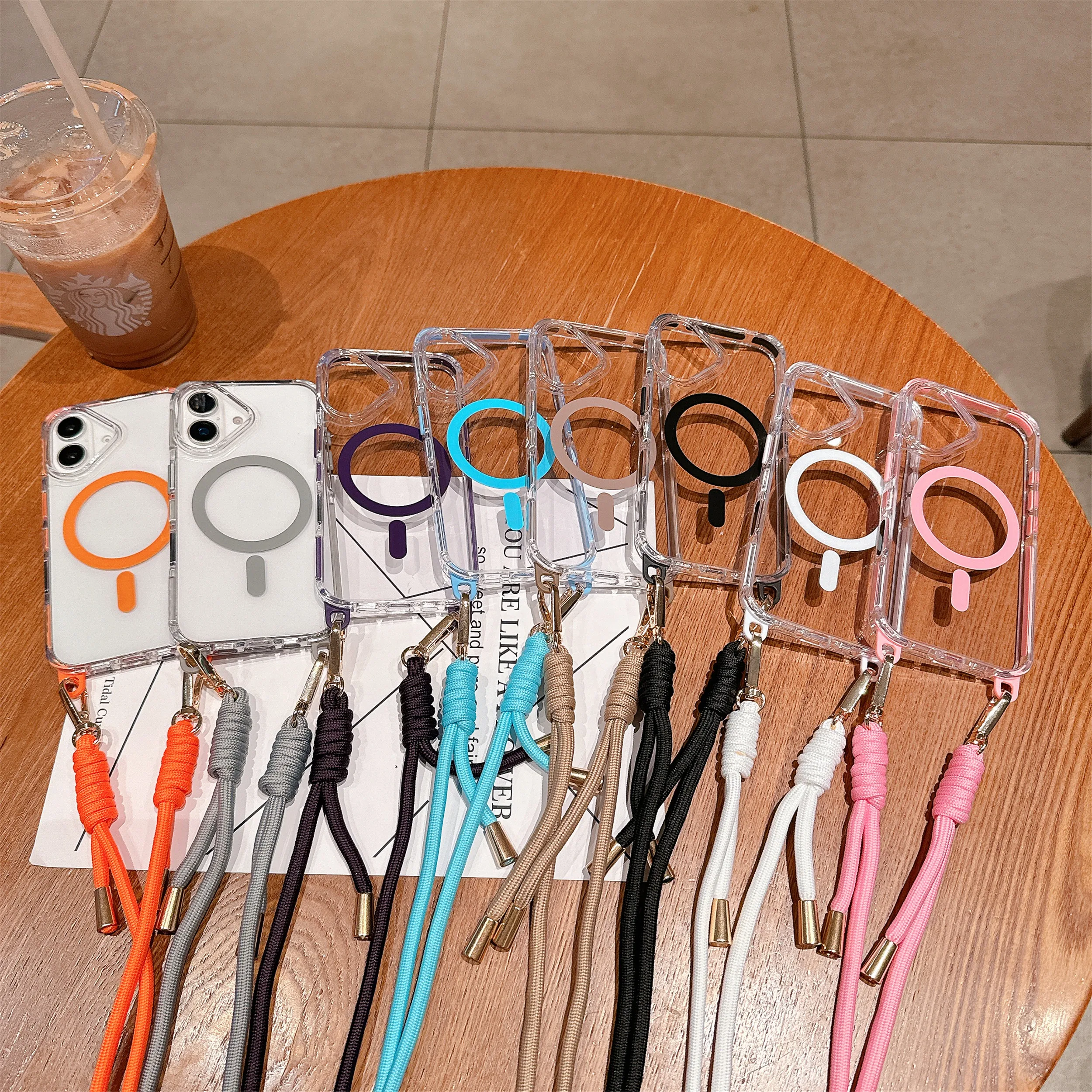 

Necklace Hanging Rope High Clear Case for iPhone 13 14 15 16 Pro Max Wireless Charging Magnetic Crossbody Lanyard Strap Cover
