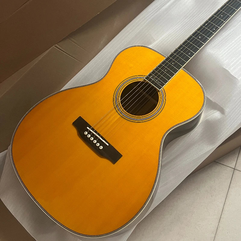 39 Inch 2026 New Retro Yellow OM28 Folk Guitar Spruce Solid Top White Woven Edge Advanced Finger Stretch Style Free Delivery