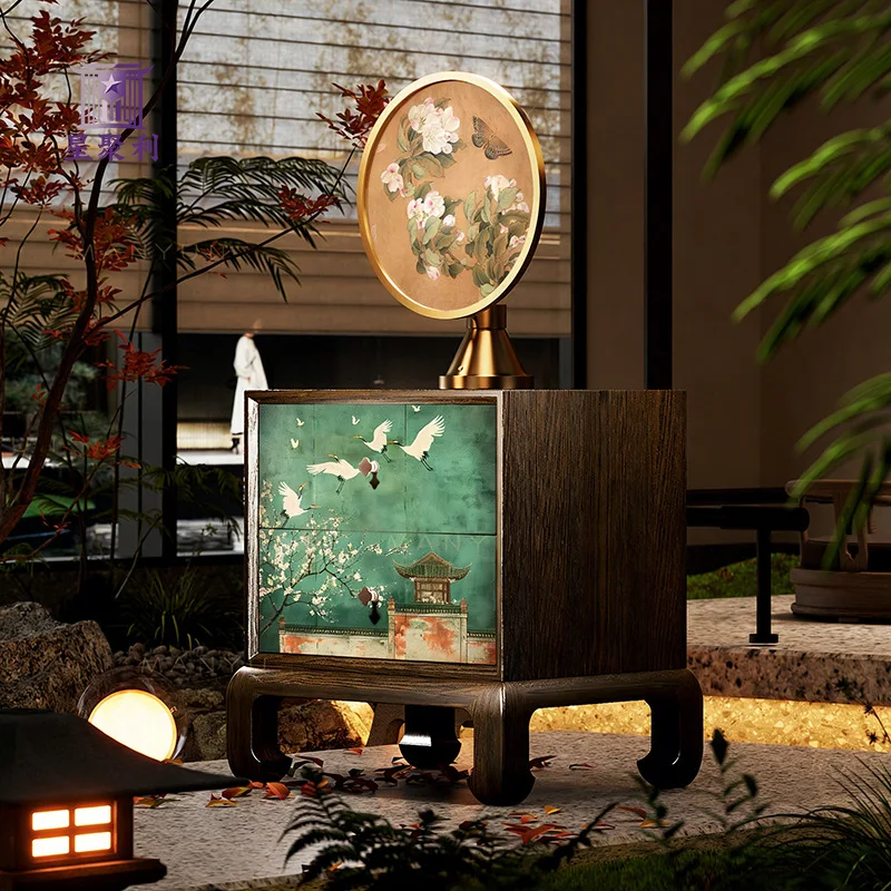 Chinese retro pavilion, crane solid wood bedside table, Song's aesthetics, chest of drawers, bedroom storage, storage cabinet