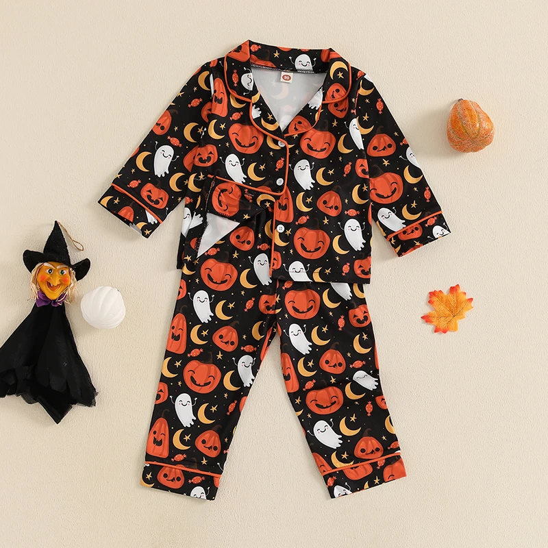 Kids Halloween Pajama Sets Lapel Neck Button-up Tops Long Pants Pumpkin Ghost Print Loungewear Set