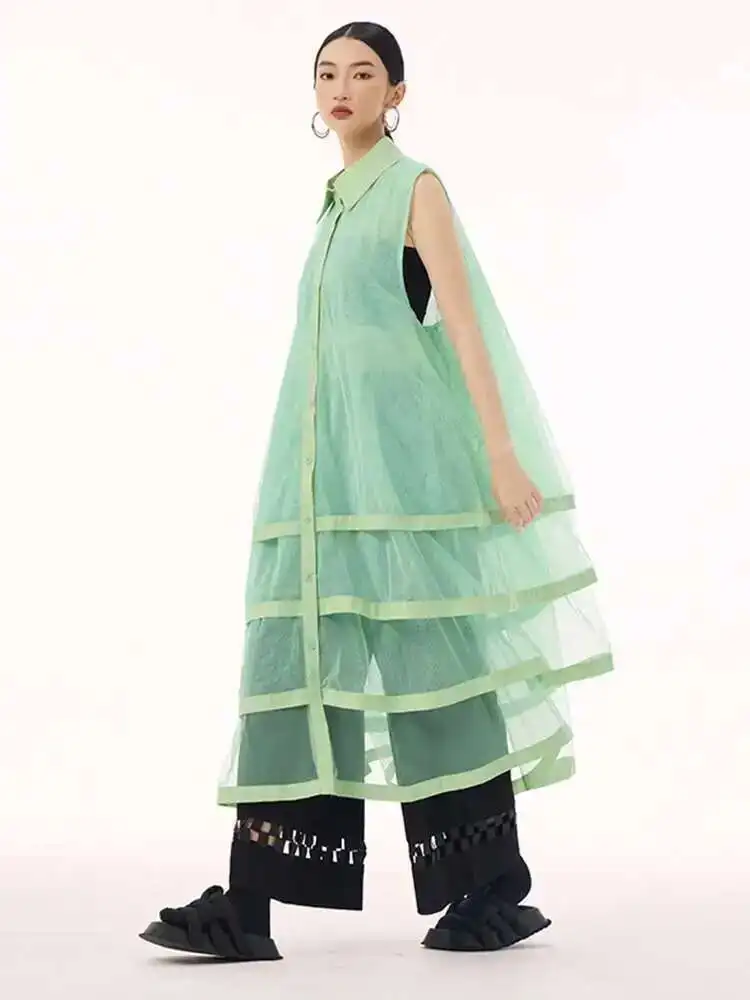 Mulheres camadas pretas malha tamanho grande midi colete camisa vestido nova lapela sem mangas moda maré primavera verão