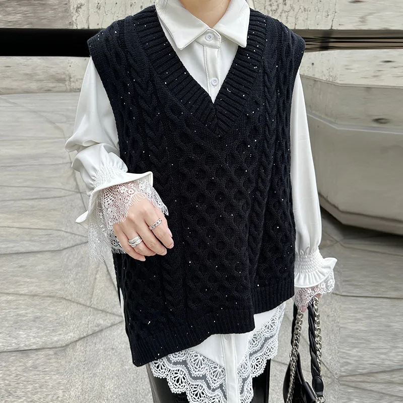 

Women Solid Pullovers Sweaters Vest Knitted Jumpers Sequins V Neck Long Sleeve Loose Fit Office Lady Casual Autumn Winter 2025