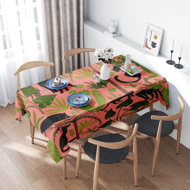 

Vibrant Indoor DecorGreen Leaf and Animal Print Tablecloth for Dining Room Furniture Pink Floral Design with Black Accent