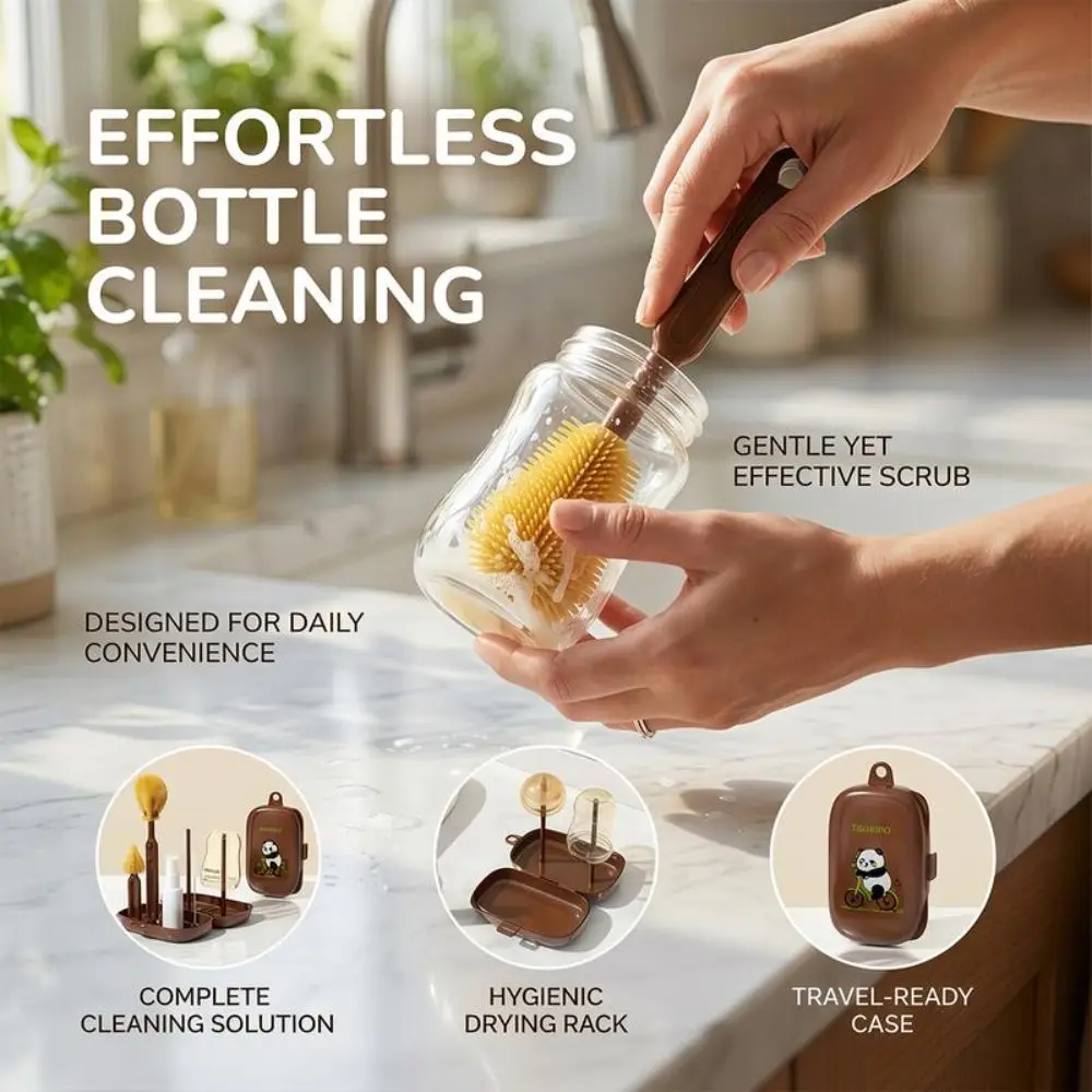 

6 Piece Portable Foldable Bottle Cleaning Set Quick Dry with Storage Box Bottle Drying Rack Space Saving Nipple Brush