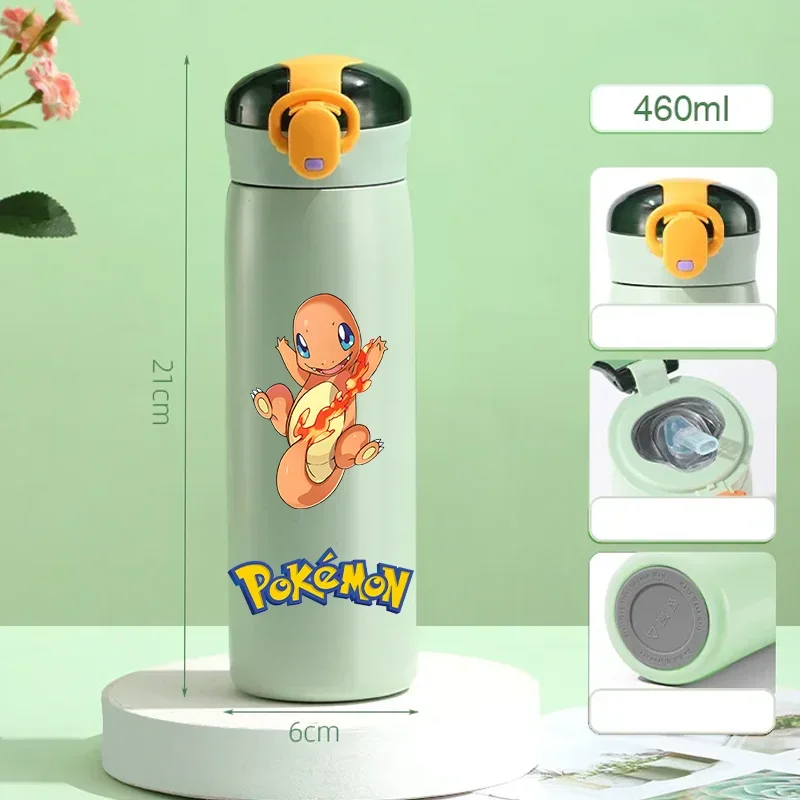 Pokemon 460 ML Pikachu Taşınabilir Çocuk Termos pipetli kupa Paslanmaz Çelik Karikatür Vakum Şişeler Sevimli Termal Su Şişesi