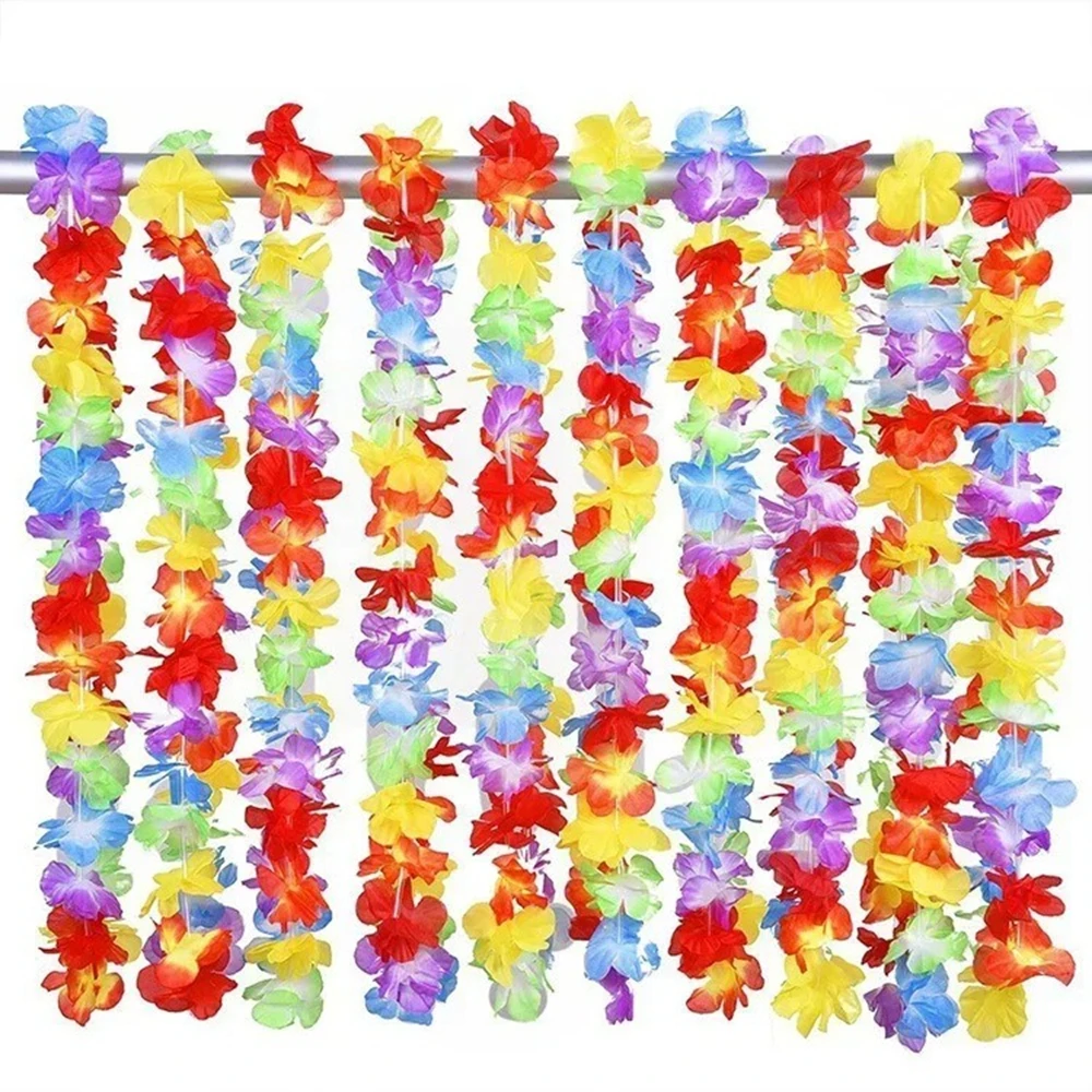 10 Stück hawaiianische Blumenketten, mehrfarbige tropische Blumenketten, Polyester-Blumengirlanden für Luau-Party, Strandtanzparty-Dekoration