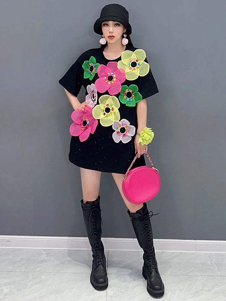 SHENGPALAE Three-d Colorful Flower Spliced T-shirt For Women Spring Fashion Niche Design Short Sleeve Casual Tees 2024 New R8809