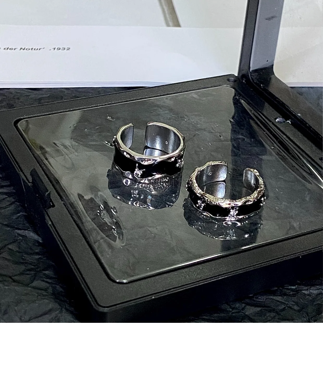 Anello coppia in argento sterling, anello per dito indice aperto con smalto nero, semplice e versatile