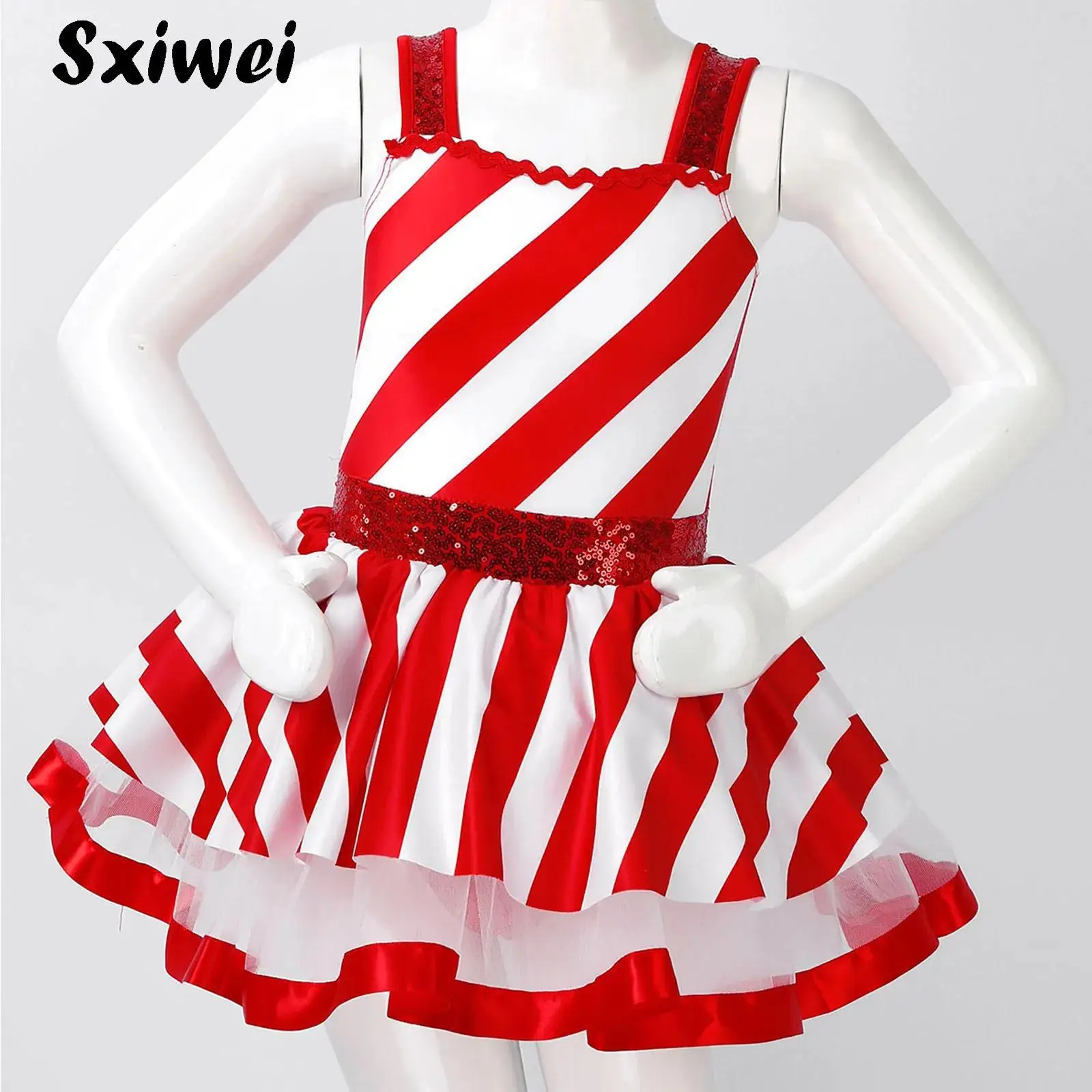 Sequins Kids Girls Candy Cane Striped Ballet Tutu Dance Dress Christmas Fancy Figure Skating Gymnastics Leotard Dress Dancewear