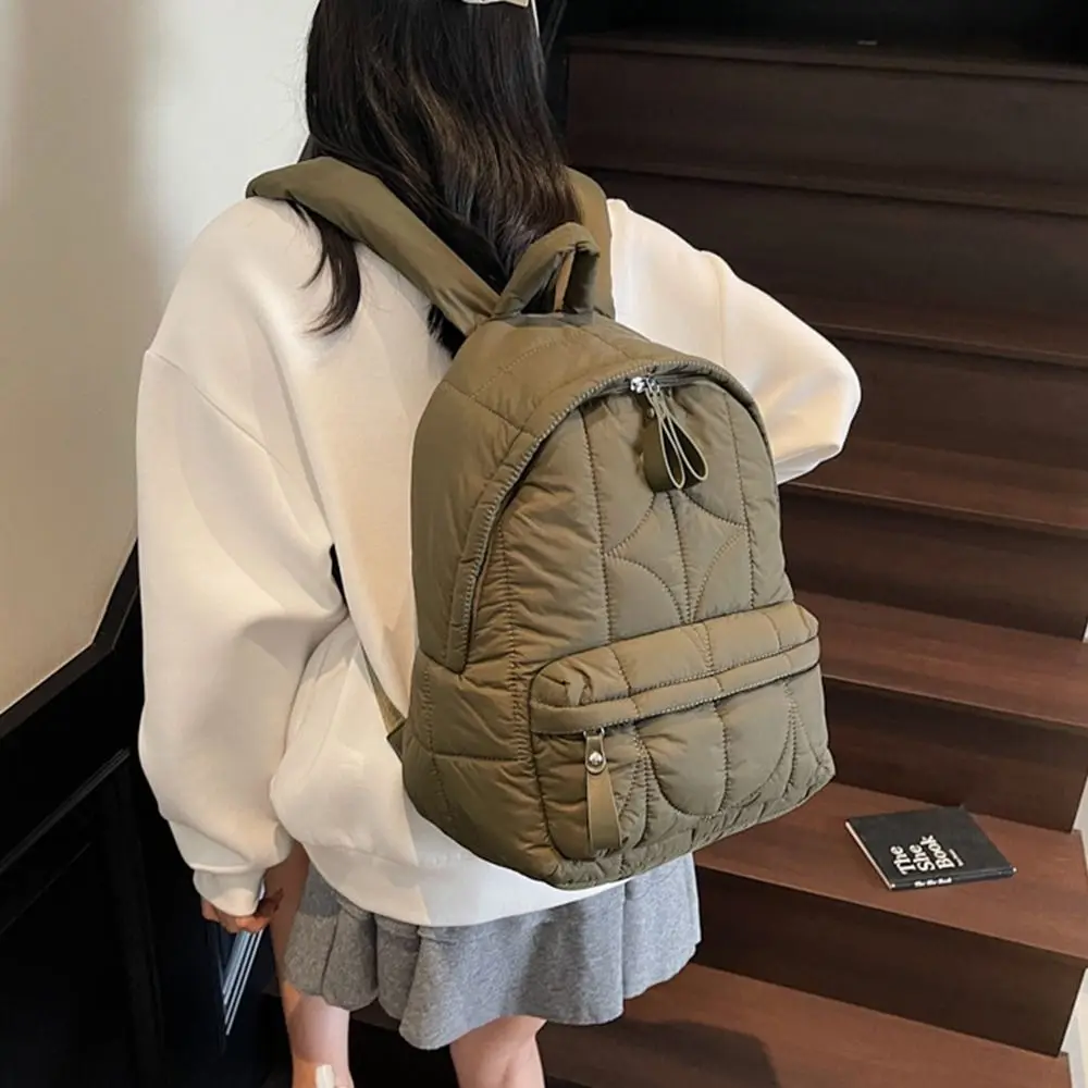 Solid Color Padded Coat Backpack Nylon Cloud Space Cotton Shoulder Bag Pleated Large Capacity Student Schoolbag Lady/Girls