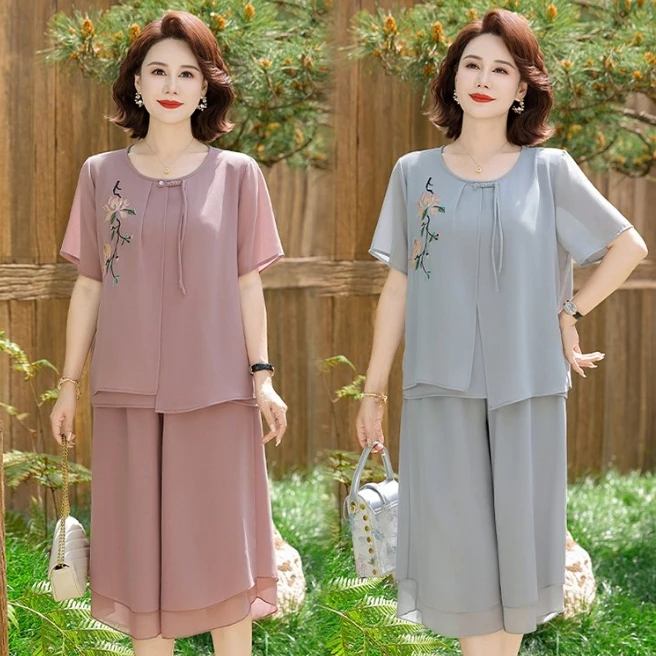 

Retro Mother Summer Chiffon embroidery Top Skirt Pants Suit Short-Sleeved Middle-Aged and Elderly Women Two-Piece Sets Women Sui