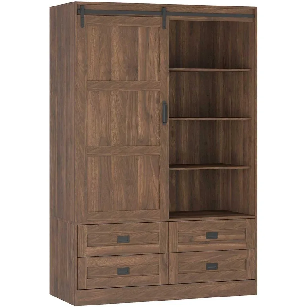 

Sliding Barn Door Wardrobe - 4-Drawer Storage & Hanging Rail, Freestanding Bedroom Closet​