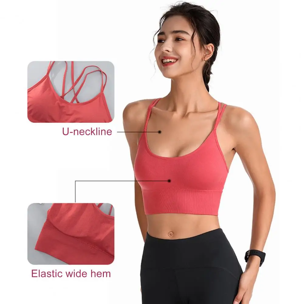 Women Yoga Bra Solid Color Padded Cross Back Wireless Straps Sports Brassieres Shockproof Breast Full Cup Brassieres