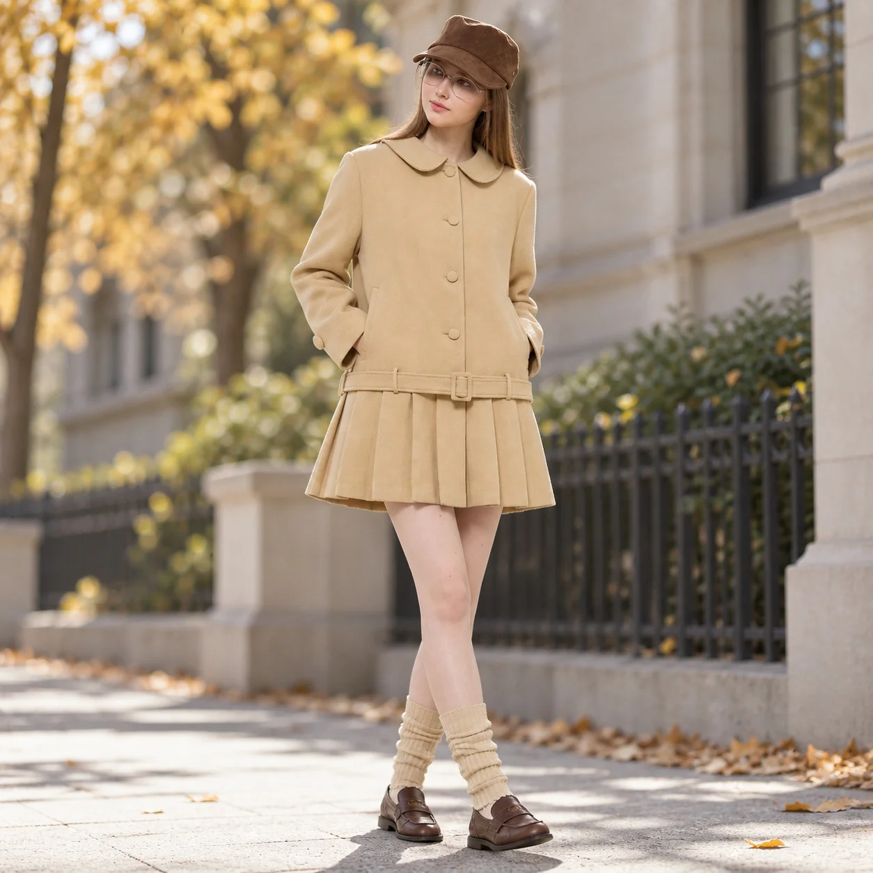 Thick Pleated Coat Loose Fit Commuter Style with Doll Collar Regular Sleeve Midi Length Long Sleeve Casual Women Autumn Coat