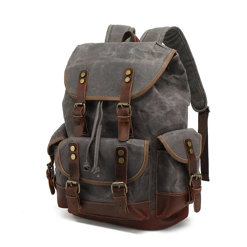 

Men's Waxed Canvas Backpack Outdoor Shoulder Casual Student Bag Large Capacity Travel Backpack Canvas Leather Climbing Backpack