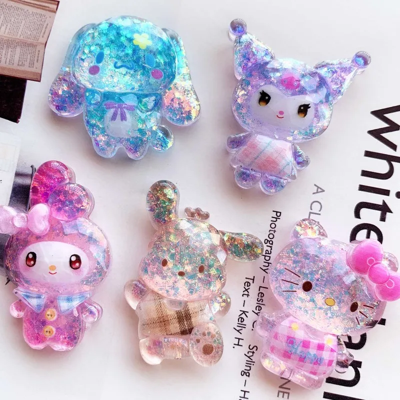 5pcs Kawaii Sanrio Glitter Flatback Resin Anime Figures Model Cute Cartoon Diy Scrapbooking Crafts Accessories Small Toy Gift