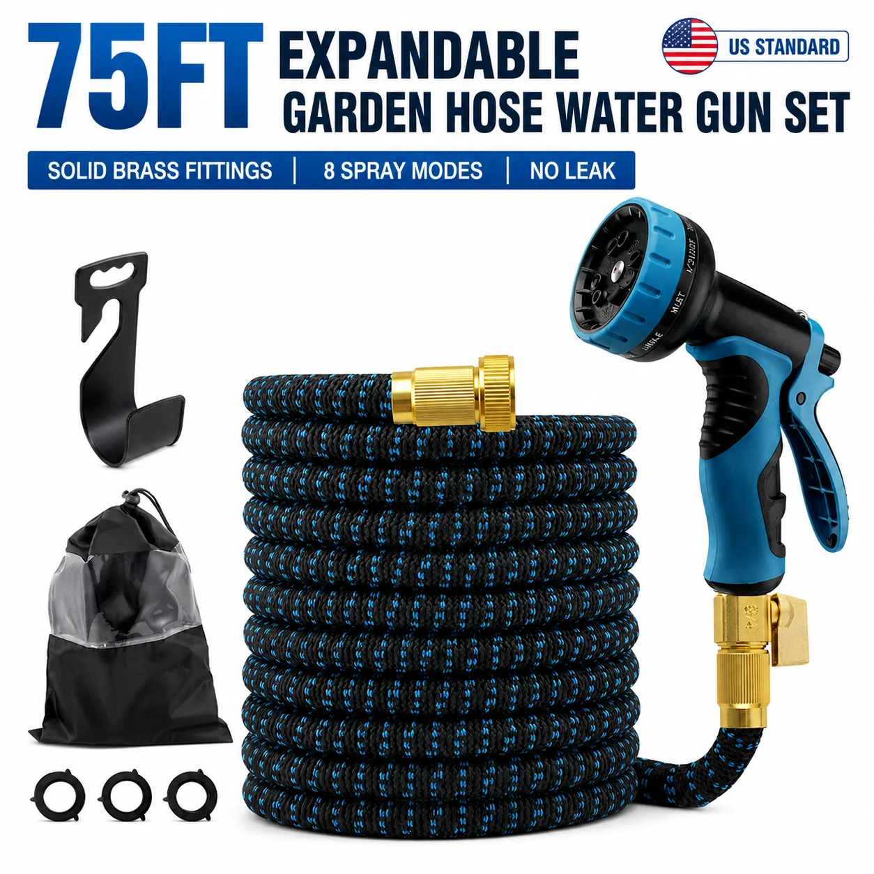 Expandable Retractable Flexible Garden Water Hose With 8 Spray Modes Nozzle Heavy Duty Leak Free Brass Fitting Collapsible Stretch Water Pipe For Yard Plant Irrigation Car Wash Pet Shower Balcony Patio Camping Outdoor Household Cleaning Maintenance