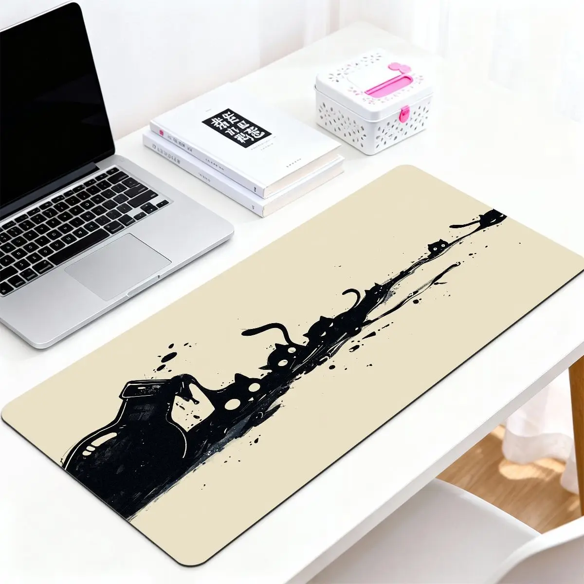 Ink Splash Black Cat Gaming Mouse Pad-Anti-Slip Rubber Base Smooth Surface Stitched Edge,Cute Kitten Desk Decor for Game Office