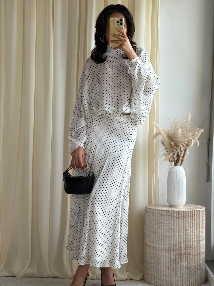 

HH Женская весенняя модная рубашка с длинными рукавами и бантом + плиссированная юбка в горошек, женский повседневный комплект из двух предметов