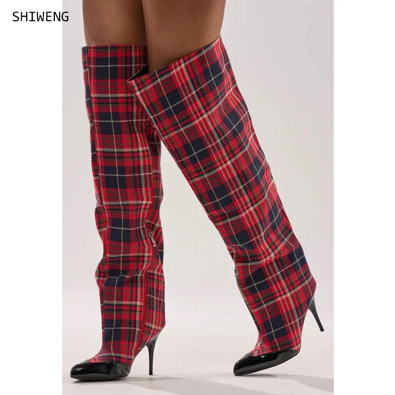 

2026 Плиссированные сапоги до бедра с сетчатым узором, сексуальная обувь без шнуровки на тонком каблуке с острым носком, женские зимние пикантные длинные сапоги 44