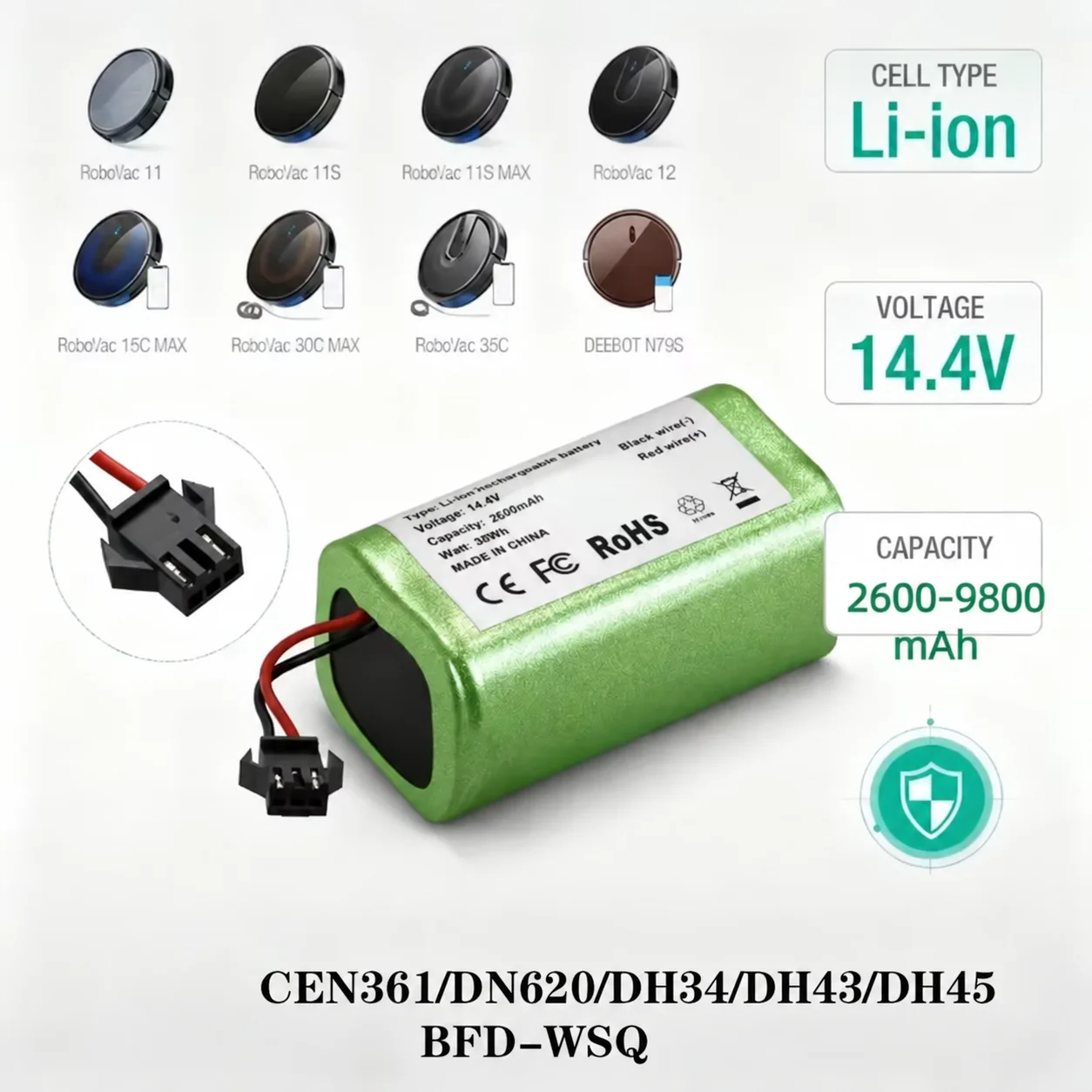 Original 14.4V 2600-9800mAh Replacement Battery for Conga Excellent 990/1090/1790/1990 Deebot N79S/N79/DN622/Robovac 11 Tesvor