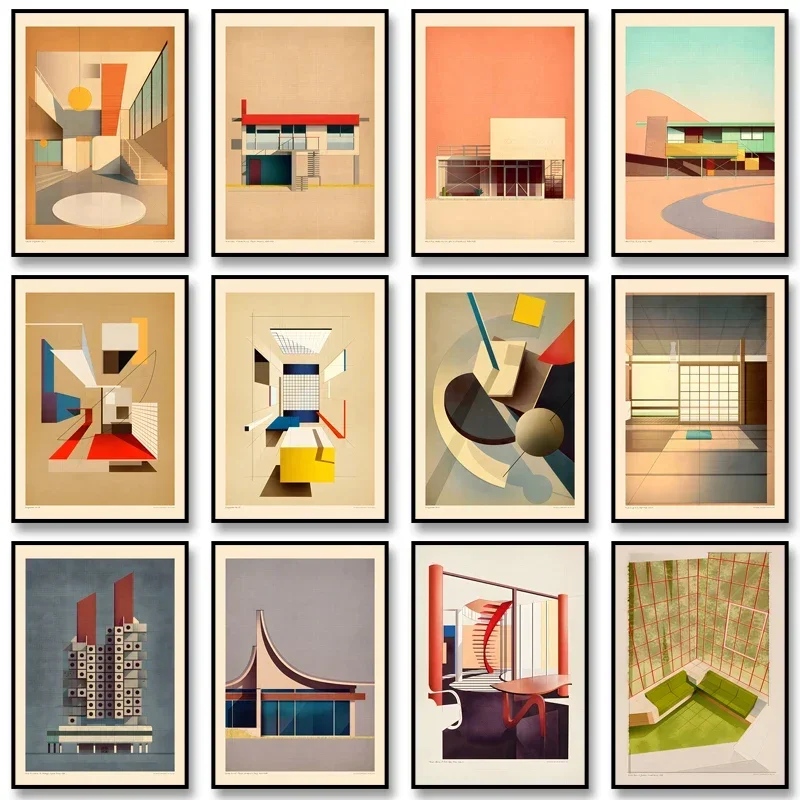 Vintage Bauhaus Residential Composition Poster Print Classic Canvas Painting Abstract Wall Art Picture for Home Decoration
