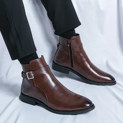Men's Winter High-top Versatile Chelsea Boots Classic Soft and Comfortable Zippered Shoes Maximum Size 47 Black Leather Shoes