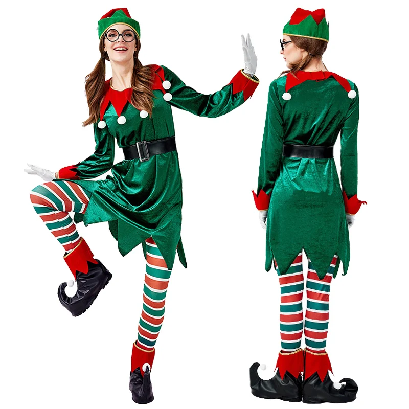 

2026 Christmas Santa Claus Costume Women Green Elf Cosplay Costume Christmas Elf Suit New Year Xmas Party Outfits