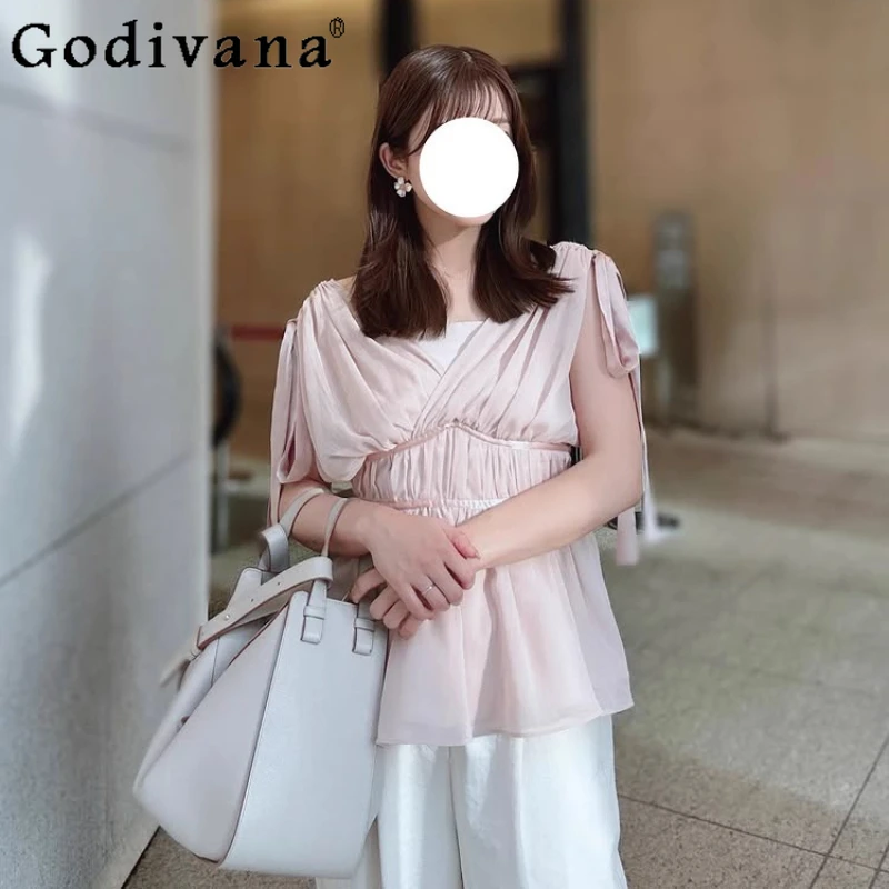 

Japanese Style Sweet Elegant Bow Lace-up Sleeveless Shirt Summer Women's Slim Fit Fashion Versatile Blouses V-neck Chiffon Top