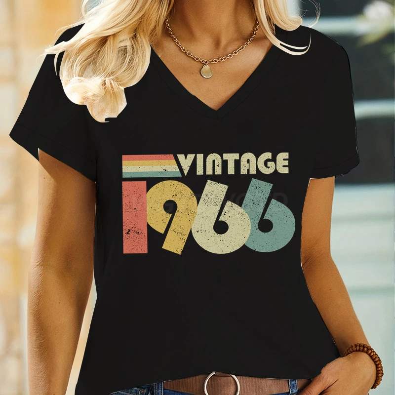 Women 60th Birthday Essential Classic Tops Vintage 1960 To 1969 Graphic T Shirts Short Sleeve V-neck 60 Years Old T-Shirt Tops