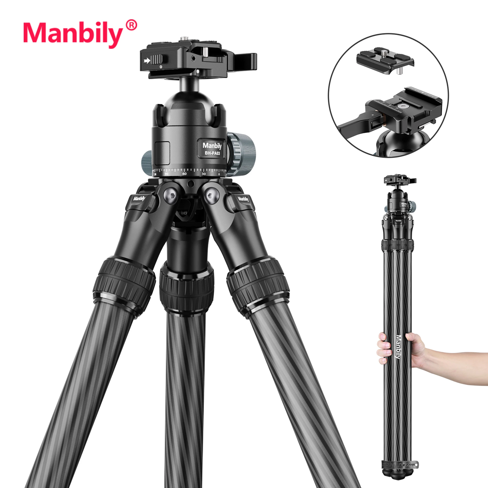 Manbily WZ-2832 Carbon Fiber Tripod Heavy Duty Camera With ARCA Picatinny Dovetail Mounts Clamp Tube 36mm Load 20kg