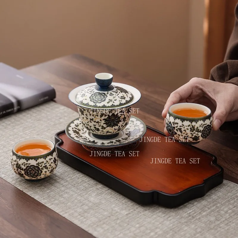Vintage Twisted Floral Porcelain Gaiwan Set Chinese Kung Fu Tea Ceremony Teaware Ceramic Gaiwan with Matching Tea Cups