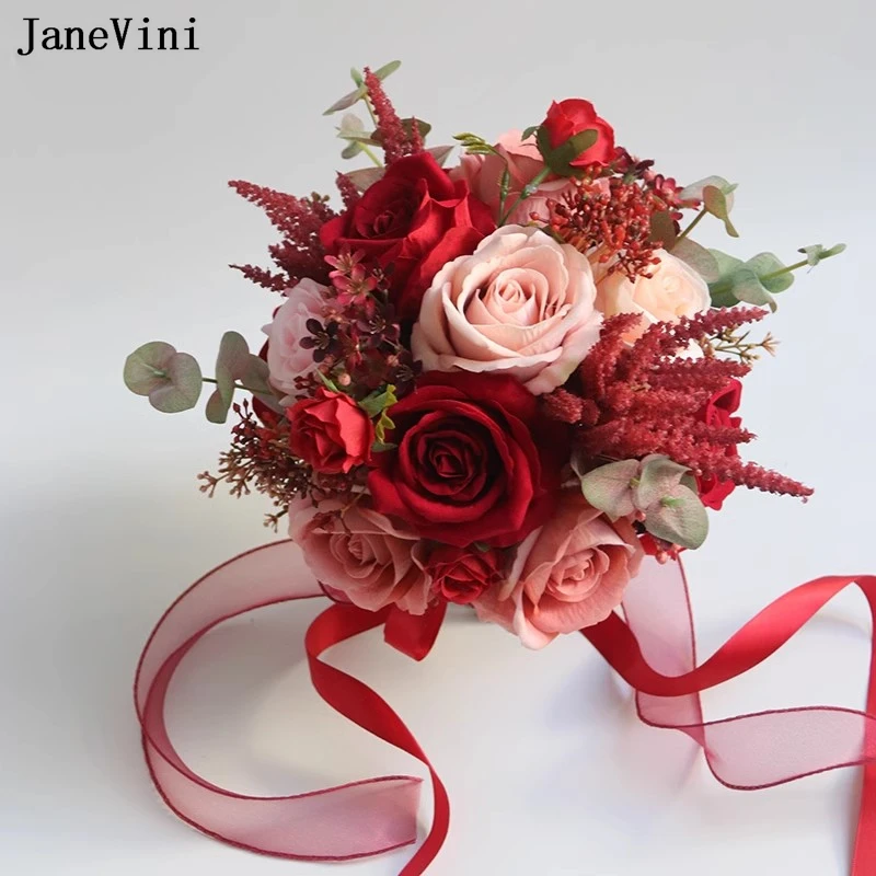 JaneVini Romantic Dark Red Bridal Flowers Bouquets Artificial Silk Roses European Bride Bridesmaid Bouquet Wedding Accessories