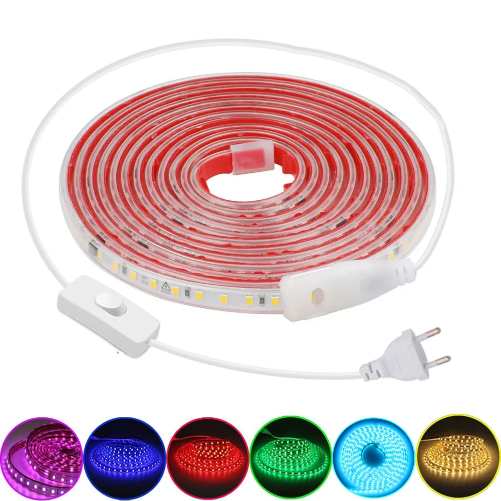 Thin LED Strip Light 220V Plug In 120LEDs/M Adhesive Flexible 10cm Cuttable Tape for Bedroom Cabinet House Blue Red Green Yellow