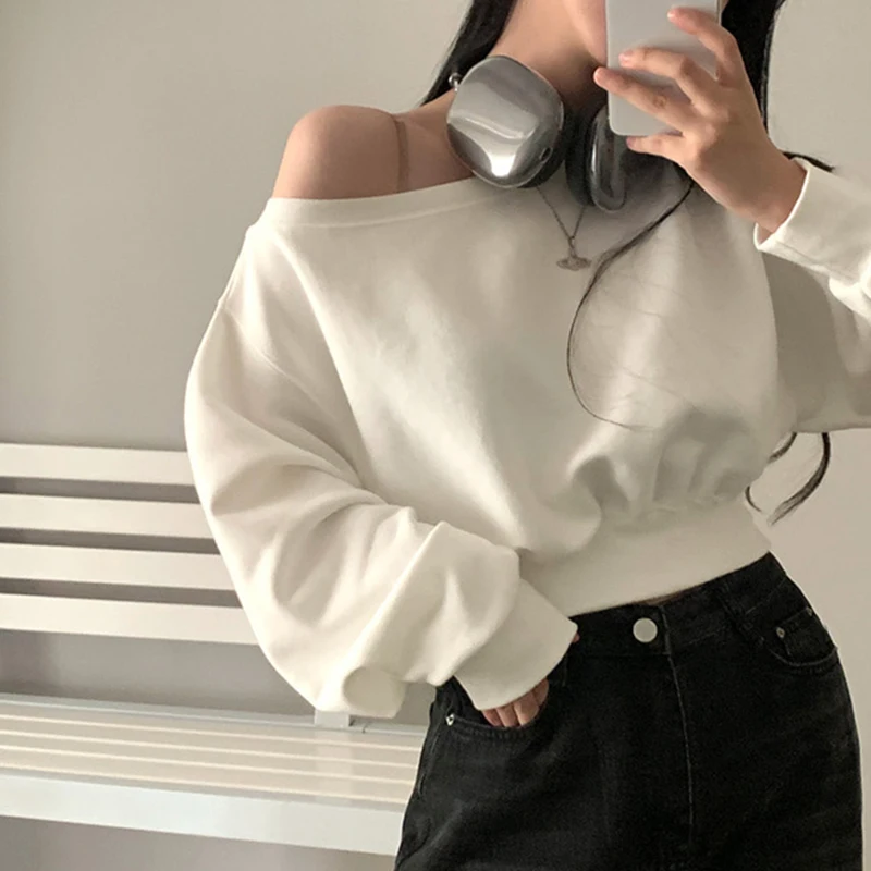 Sexy Slash Neck Off Shoulder Hoodies Women Long Sleeve Y2K Streetwear Pullovers Woman Korean High Waist Loose Crop Tops Female