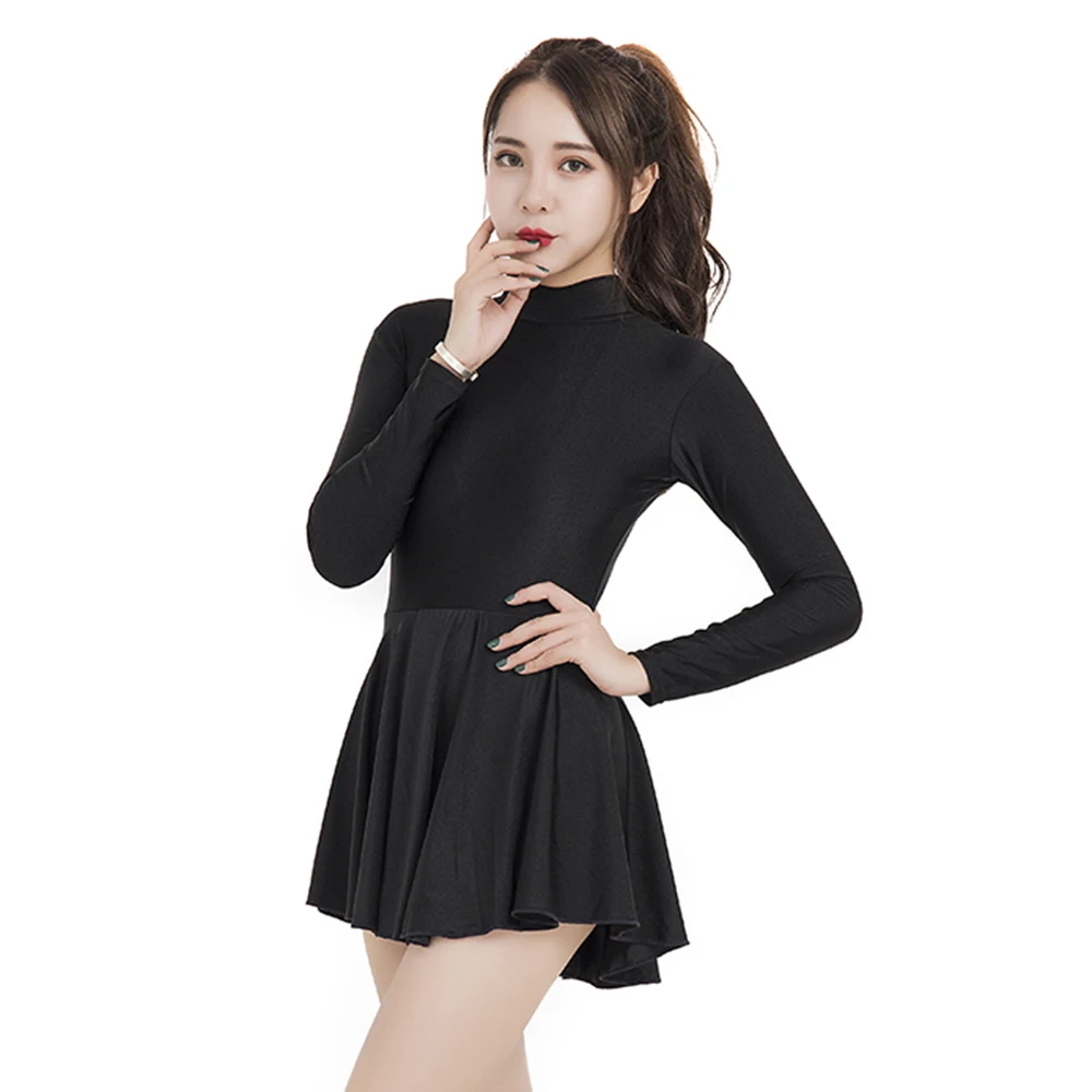 طويلة الأكمام دنة الأسود ملابس رقص الجمباز مع تنورة دعوى ل راقصة الباليه فستان المرأة ازياء الباليه الكبار الجمباز يوتار البريدي