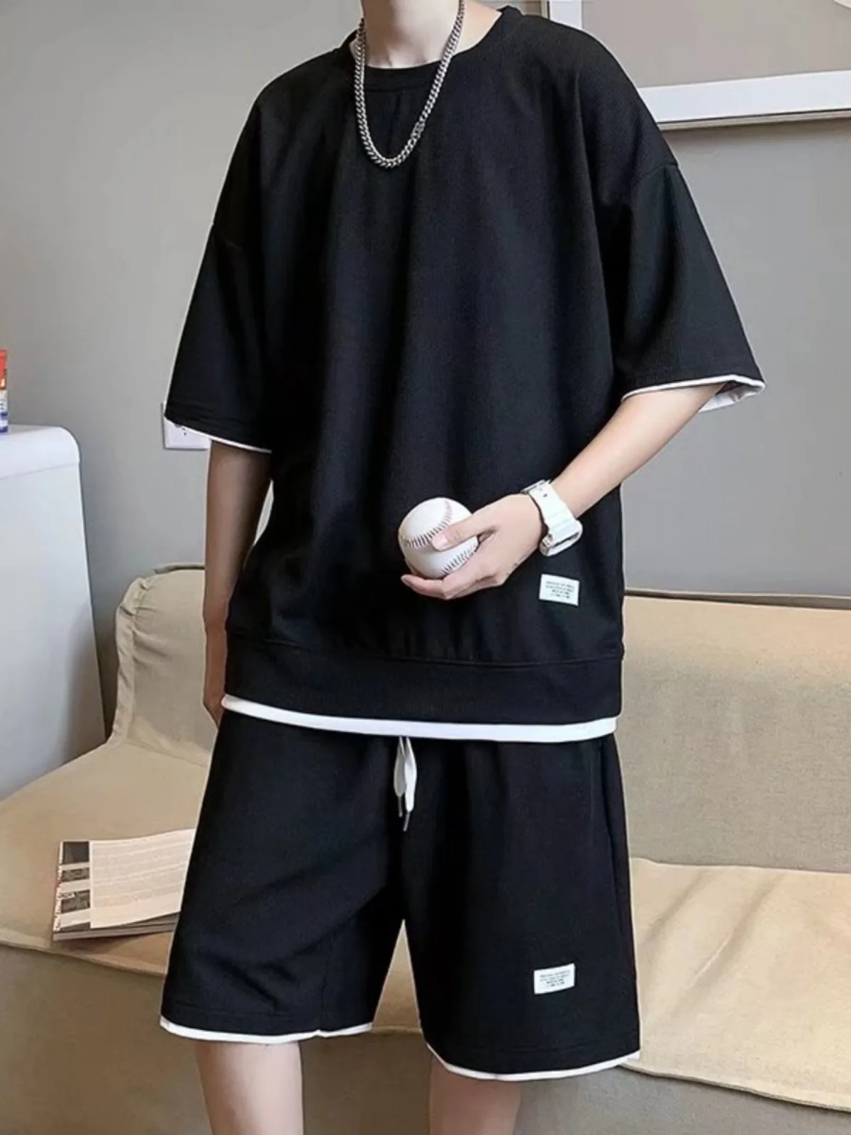 2025 New Summer Men Waffle Sets Casual T-Shirt and Shorts Set Male Sports Suit Solid Color Tracksuit Loose Suits Size 5XL