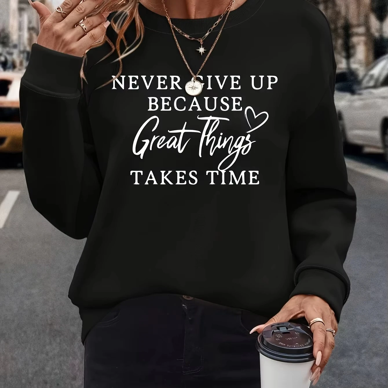 

Женский осенне-зимний повседневный свободный удобный бархатный пуловер с круглым вырезом и длинными рукавами с буквенным принтом Never Give Up