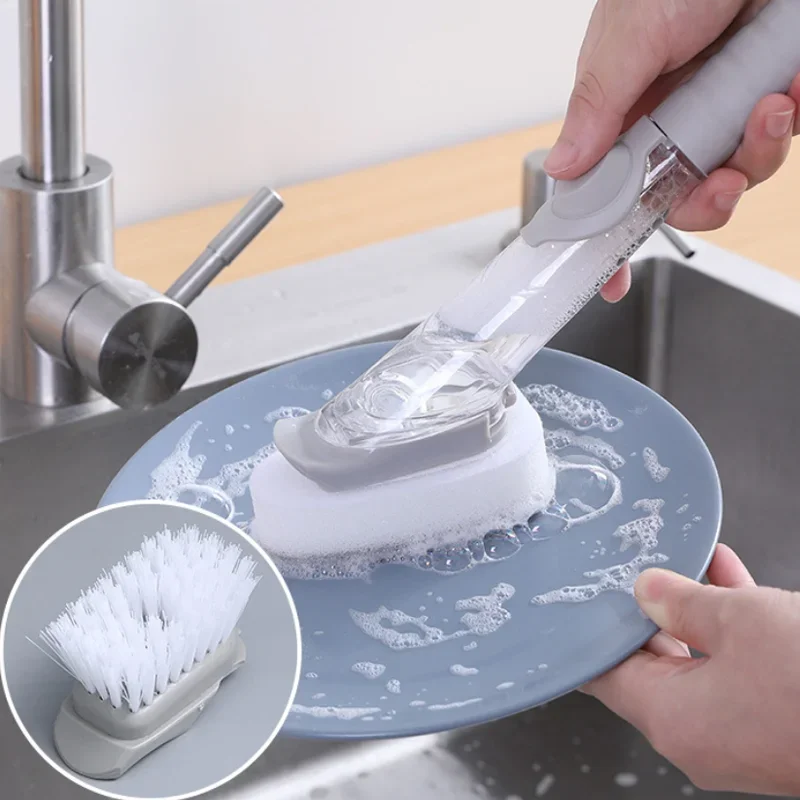 

2 in 1 Long Handle Cleaning Brush Sponge Automatic Liquid Dispenser Dishwashing Sponge Cleaner Kitchen Household Cleaning Tools