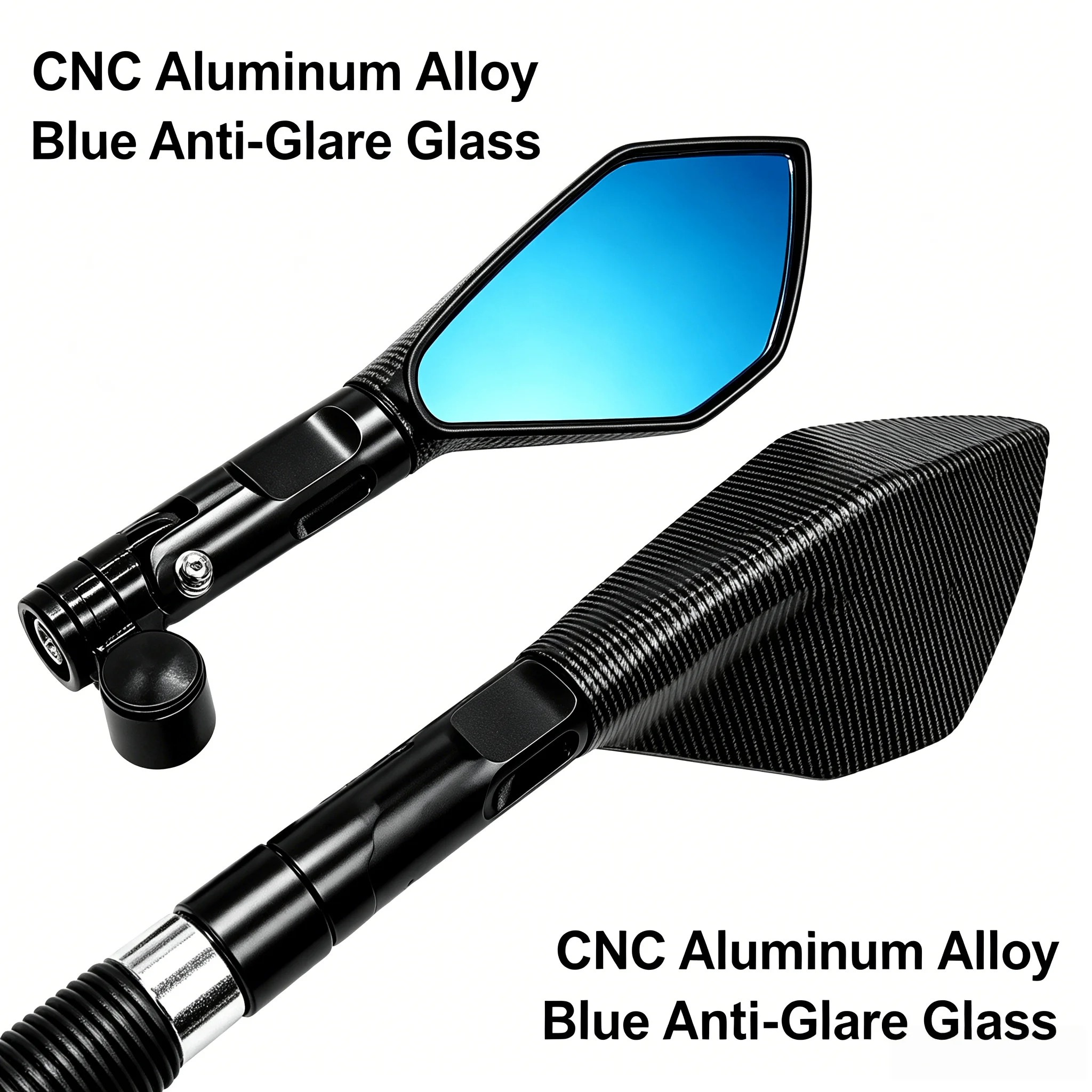 1 Pair CNC Aluminum Motorcycle Rearview Mirrors 8mm 10mm Positive & Reverse Thread Anti-Glare Blue Glass 360° Adjustable Side Mi