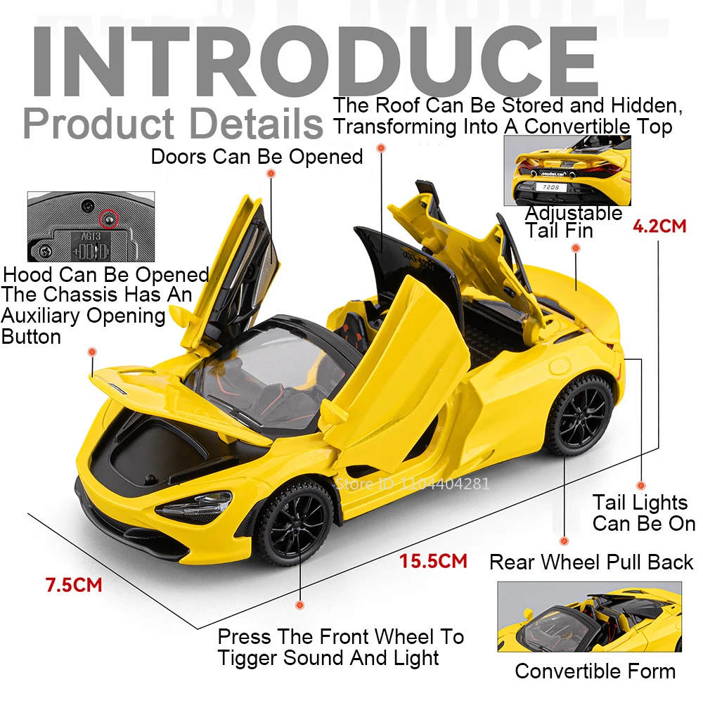 1: 32 Scale 720S Alloy Model Toys Diecast Car Doors Opened Sound Light Pull Back Miniature Vehices Desktop Collection Ornaments