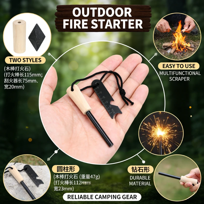 Compact Magnesium Fire Starter Stick with Wood Handle - Reliable Survival Gear for Camping Hiking and Outdoor Adventures