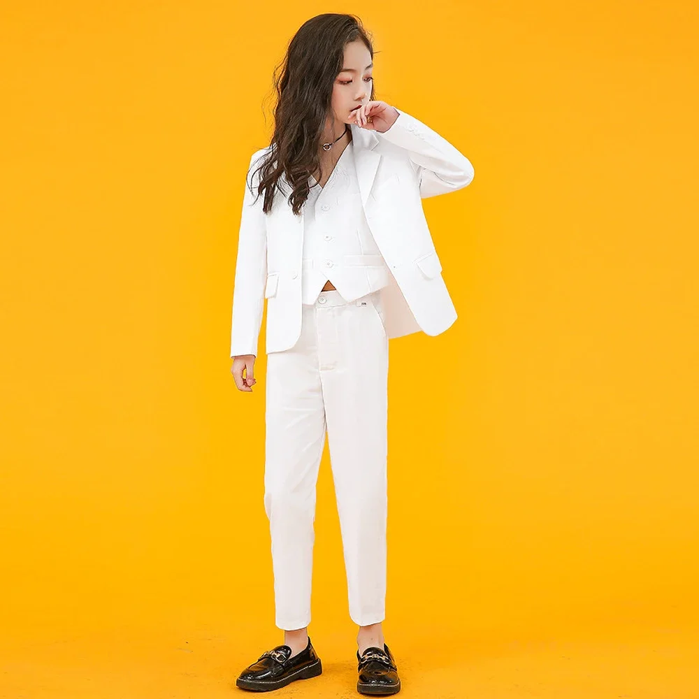 New Fashion Suit for Girls Solid Formal 3 Piece Party Casual Wedding Tuxedo Slim High Quality Child Costume (Blazer+Vest+Pants)