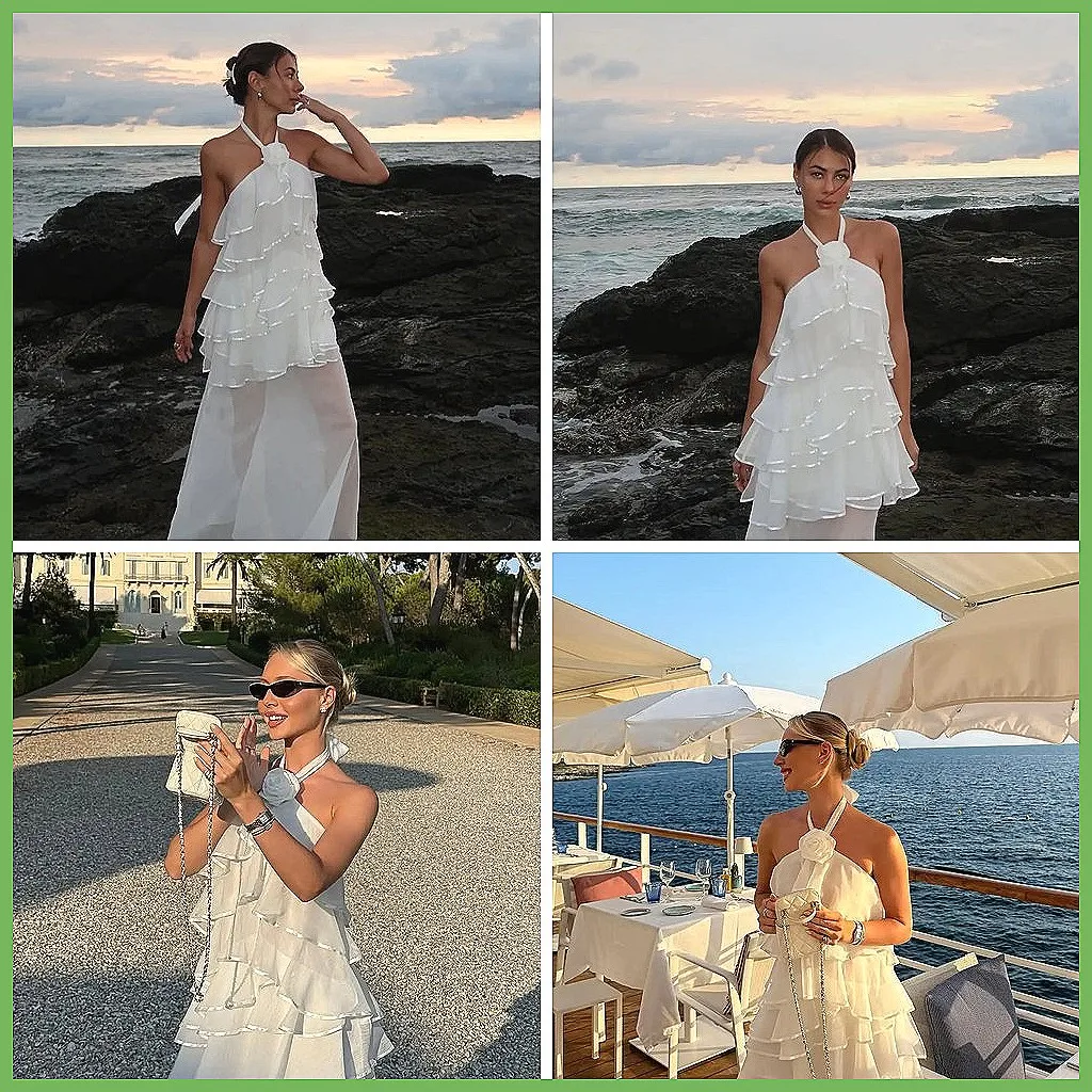 

Elegant 3D Floral Halter Maxi Dress for Women, Off-Shoulder Sleeveless Beach Dress with Tiered Ruffle