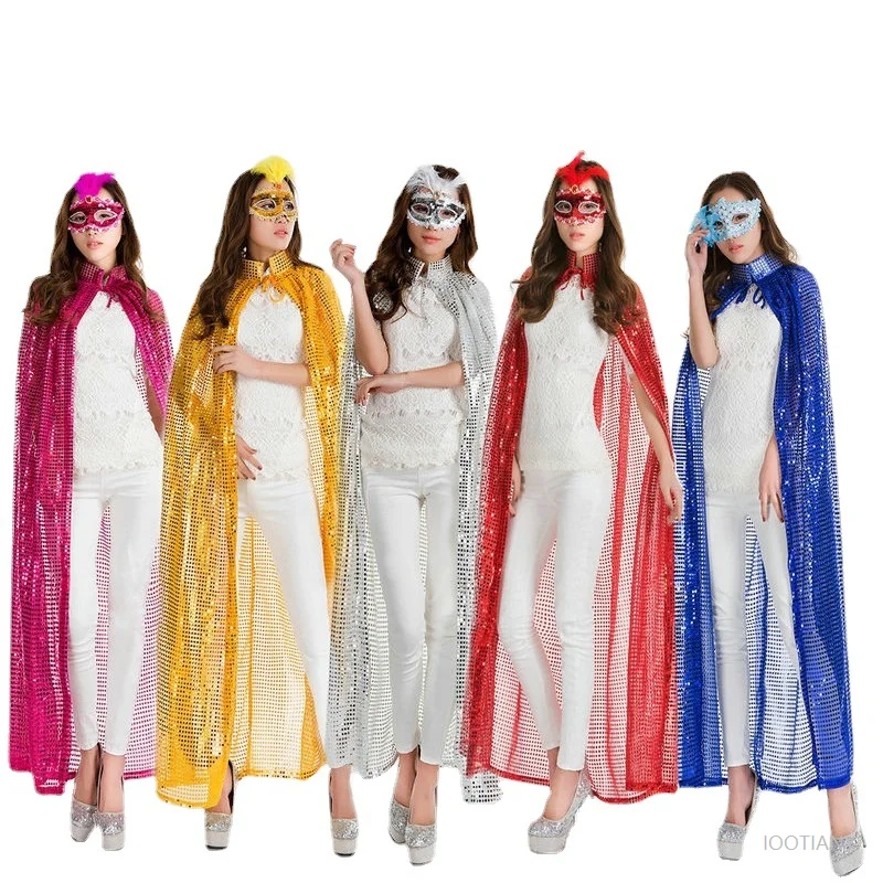 

Adult Long Sequin Cape Women Halloween Festival Party Cape Costume Witch Cosplay Robe Fashion Ball Stage Performance Shiny Coat