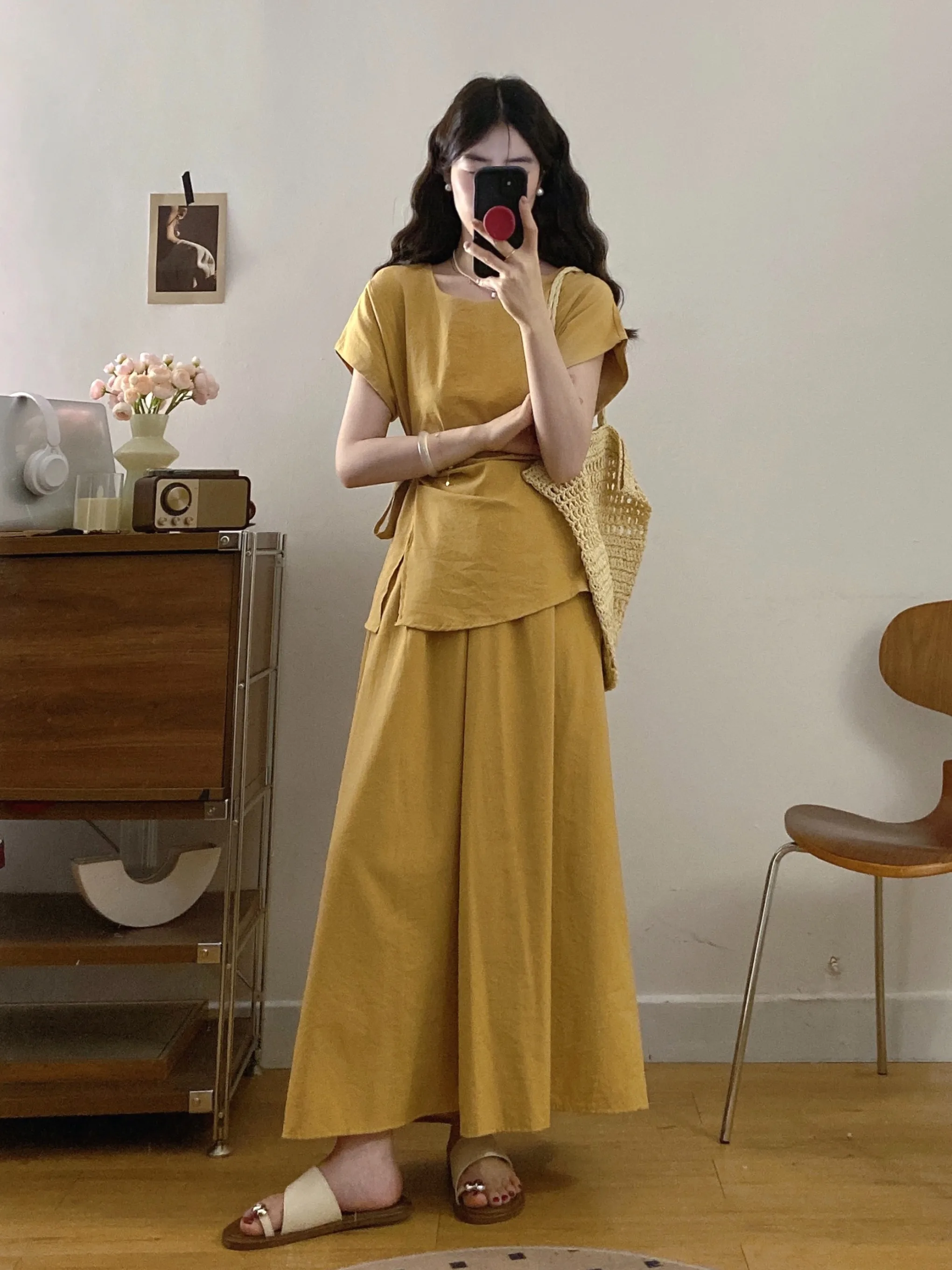 

plus Size Summer Shirt Waist Cinched Pleated Lazy Slimming Casual Skirt Set round Neck High Waist Breathable Short Sleeve Women